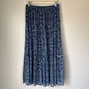 Max Studio Tiered Maxi Skirt Blue Large Ditzy Floral Dark Romantic Cottagecore